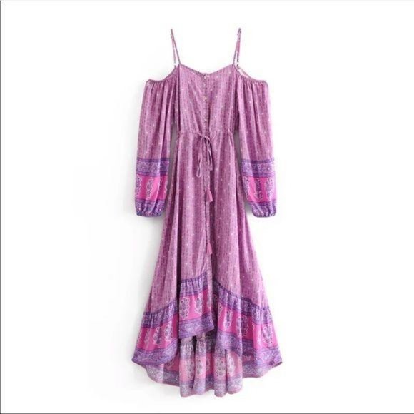 Boho Print Purple Dress Gypsy Western Cactus - Picture 3 of 6
